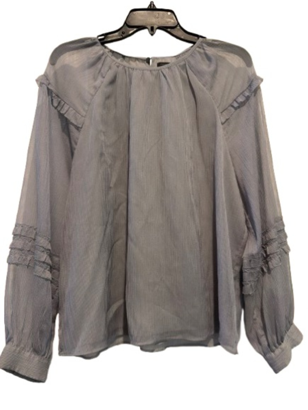 Ann Taylor Light Gray Ruffle-Trim Long Sleeve Blouse